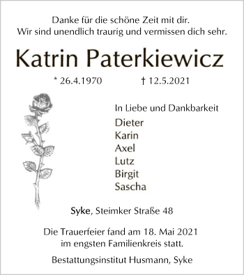 Todesanzeige von Katrin Paterkiewicz von SYK