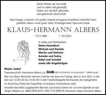 Todesanzeige von Klaus-Hermann Albers von SYK