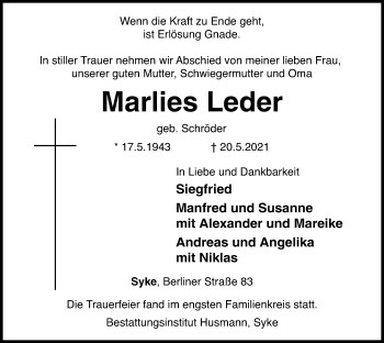 Todesanzeige von Marlies Leder von SYK