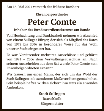 Todesanzeige von Peter Comte von SYK