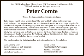 Todesanzeige von Peter Comte von SYK