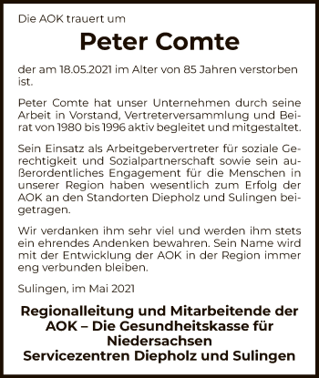 Todesanzeige von Peter Comte von SYK