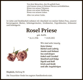 Todesanzeige von Rosel Priese von SYK