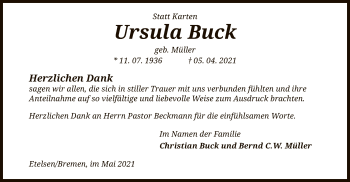 Todesanzeige von Ursula Buck von SYK