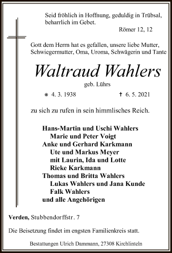 Todesanzeige von Waltraud Wahlers von SYK