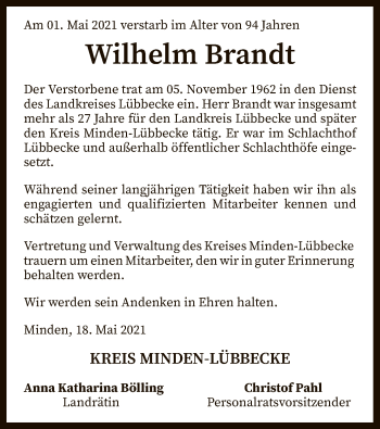 Todesanzeige von Wilhelm Brandt von SYK