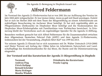 Todesanzeige von Alfred Feldermann von SYK