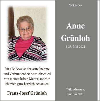 Todesanzeige von Anne Grünloh von SYK