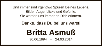 Todesanzeige von Britta Asmuß von SYK