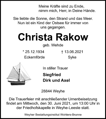 Todesanzeige von Christa Rakow von SYK