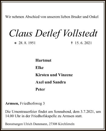 Todesanzeige von Claus Detlef Vollstedt von SYK