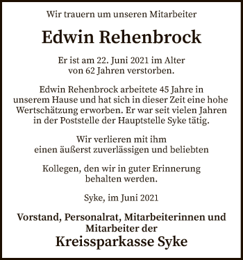 Todesanzeige von Edwin Rehenbrock von SYK