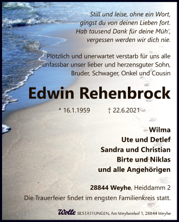 Todesanzeige von Edwin Rehenbrock von SYK