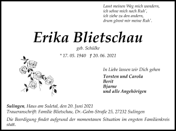 Todesanzeige von Erika Blietschau von SYK