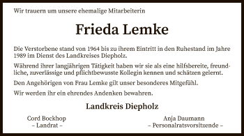 Todesanzeige von Frieda Lemke von SYK