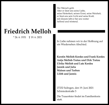 Todesanzeige von Friedrich Melloh von SYK