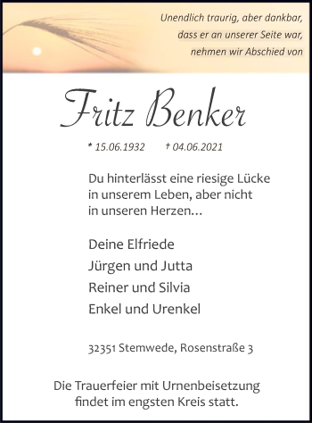Todesanzeige von Fritz Benker von SYK