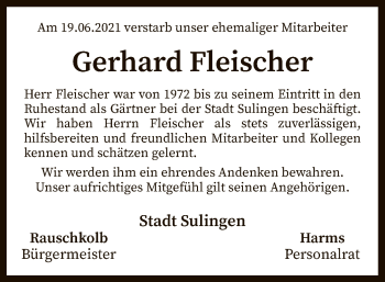 Todesanzeige von Gerhard Fleischer von SYK