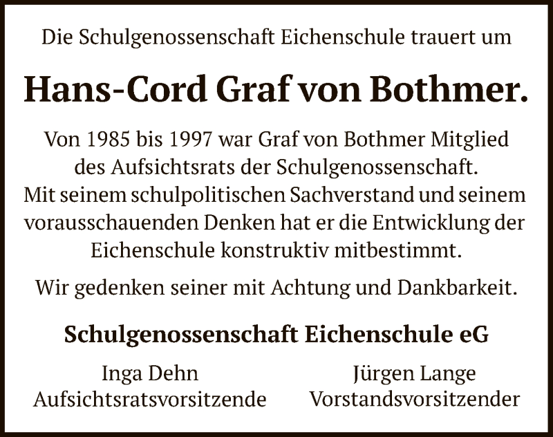  Traueranzeige für Hans-Cord Graf von Bothmer vom 01.06.2021 aus SYK