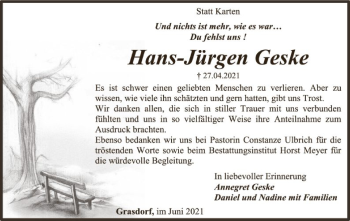 Todesanzeige von Hans-Jürgen Geske von SYK