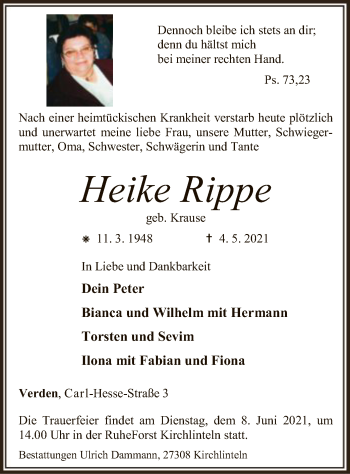 Todesanzeige von Heike Rippe von SYK