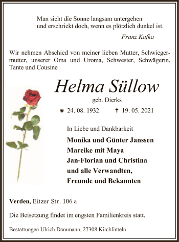 Todesanzeige von Helma Süllow von SYK