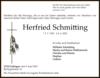Todesanzeige von Herfried Schmitting von SYK