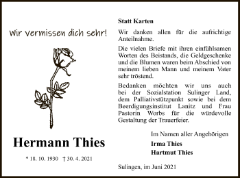 Todesanzeige von Hermann Thies von SYK