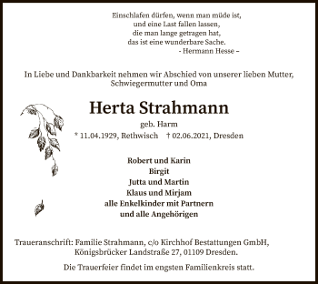 Todesanzeige von Herta Strahmann von SYK