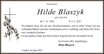 Todesanzeige von Hilde Blaszyk von SYK