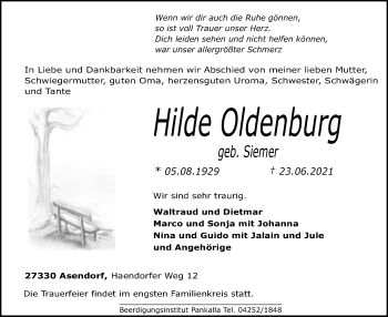 Todesanzeige von Hilde Oldenburg von SYK
