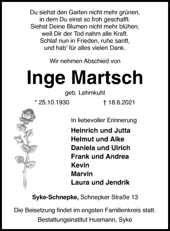 Todesanzeige von Inge Martsch von SYK