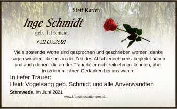 Todesanzeige von Inge Schmidt von SYK