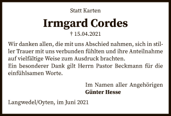 Todesanzeige von Irmgard Cordes von SYK