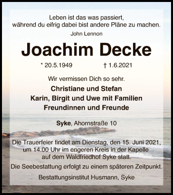 Todesanzeige von Joachim Decke von SYK