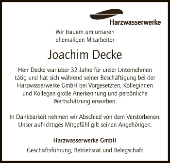 Todesanzeige von Joachim Decke von SYK
