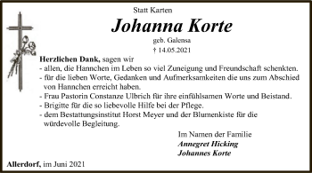 Todesanzeige von Johanna Korte von SYK