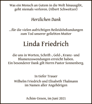 Todesanzeige von Linda Friedrich von SYK
