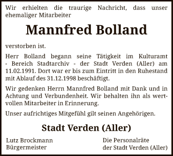 Todesanzeige von Mannfred Bolland von SYK