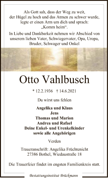 Todesanzeige von Otto Vahlbusch von SYK