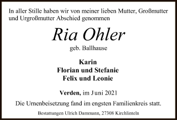 Todesanzeige von Ria Ohler von SYK