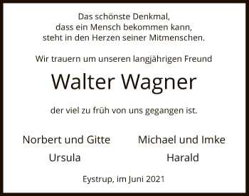 Todesanzeige von Walter Wagner von SYK