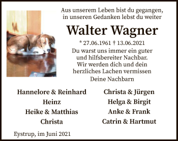 Todesanzeige von Walter Wagner von SYK