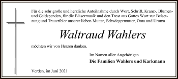 Todesanzeige von Waltraud Wahlers von SYK
