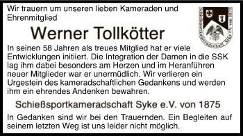 Todesanzeige von Werner Tollkötter von SYK