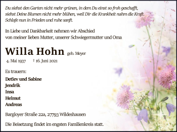 Todesanzeige von Willa Hohn von SYK