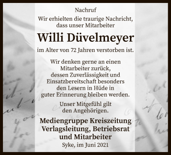 Todesanzeige von Willi Düvelmeyer von SYK