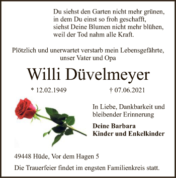 Todesanzeige von Willi Düvelmeyer von SYK