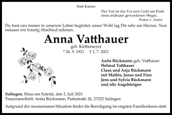 Todesanzeige von Anna Vatthauer von SYK