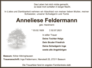 Todesanzeige von Anneliese Feldermann von SYK